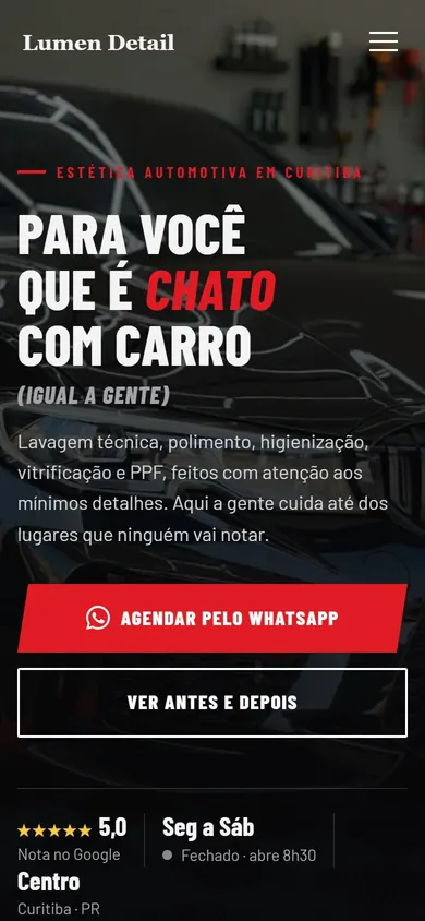 Site de estética automotiva no celular
